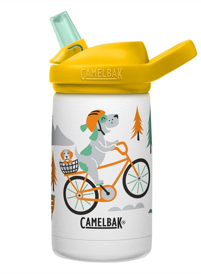 CAMELBAK eddy+ Kids Water Bottle with Straw, Insulated Stainless Steel - Leak-Proof when Closed, 12oz, Biking Dogs  - Image 1