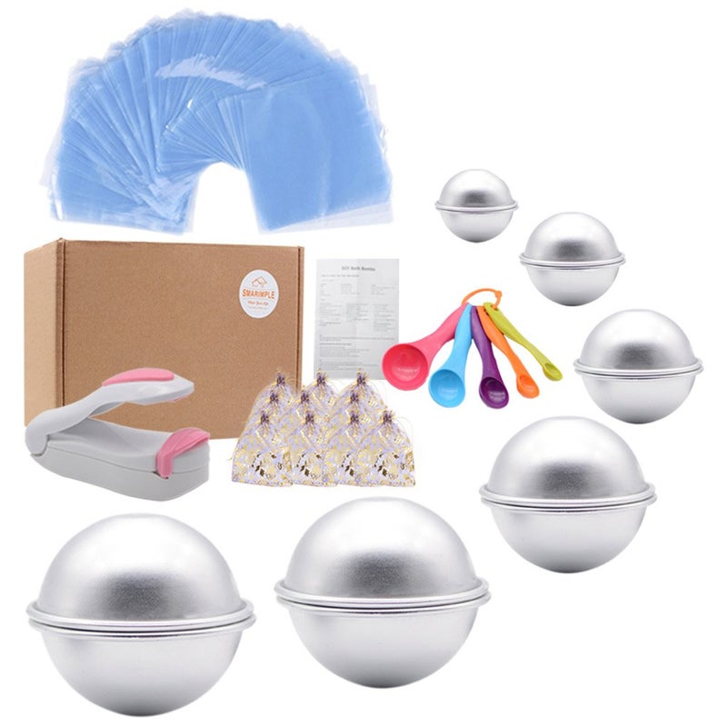Bath Bomb Mold Set 228 Pieces  200 Packs Shrink Wrap Bags12 Pieces of DIY Metal MouldSpoonsGift BagsMini Heat Sealer Instruction Included