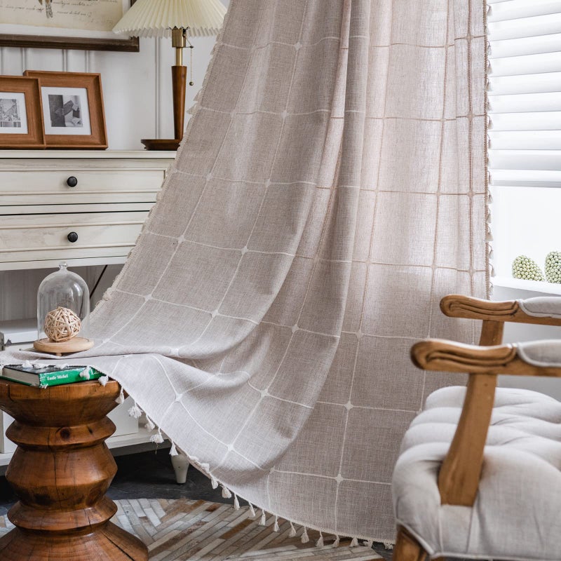 ColorBird Farmhouse SemiBlackout Window Curtains 2 Panels Embroidery Lattice Cotton Linen Darkening Curtains with Tassel Rod Pocket Window Drapes for Dining Living Bedroom 52 W x 84 L Linen