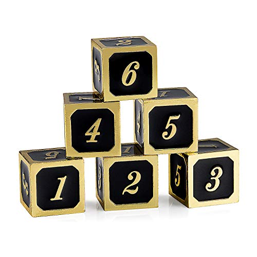 DNDND D6 Metal Dice Set 6 Pieces 6 Sided Metal Die with Free Black Velvet Bag for DND Pathfinder Shadowrun or GURPs Black with Gold Number - Image 1