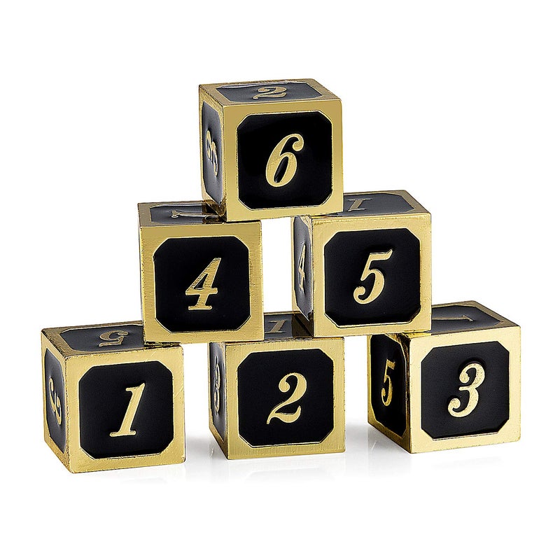 DNDND D6 Metal Dice Set 6 Pieces 6 Sided Metal Die with Free Black Velvet Bag for DND Pathfinder Shadowrun or GURPs Black with Gold Number - Image 3