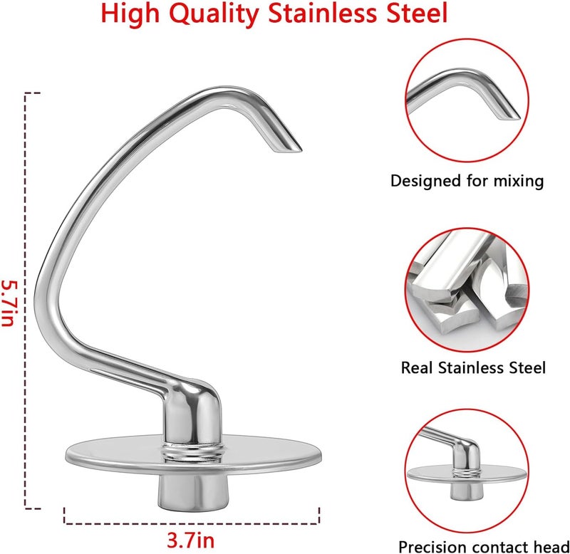 KINGEAGLE Stainless Steel Dough Hook Attachment for KitchenAid 4.5 and 5 Quart Tilt-Head Stand Mixer, Dough Hook Replacement for KitchenAid, Mixer Parts Accessories, Dishwasher Safe, K82308 - Image 4