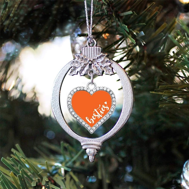 Inspired Silver - Besties - Orange - Silver Christmas Ornament - Open Heart Charm Christmas Tree Ornament with Cubic Zirconia - Holiday Hanging Decoration - Image 2