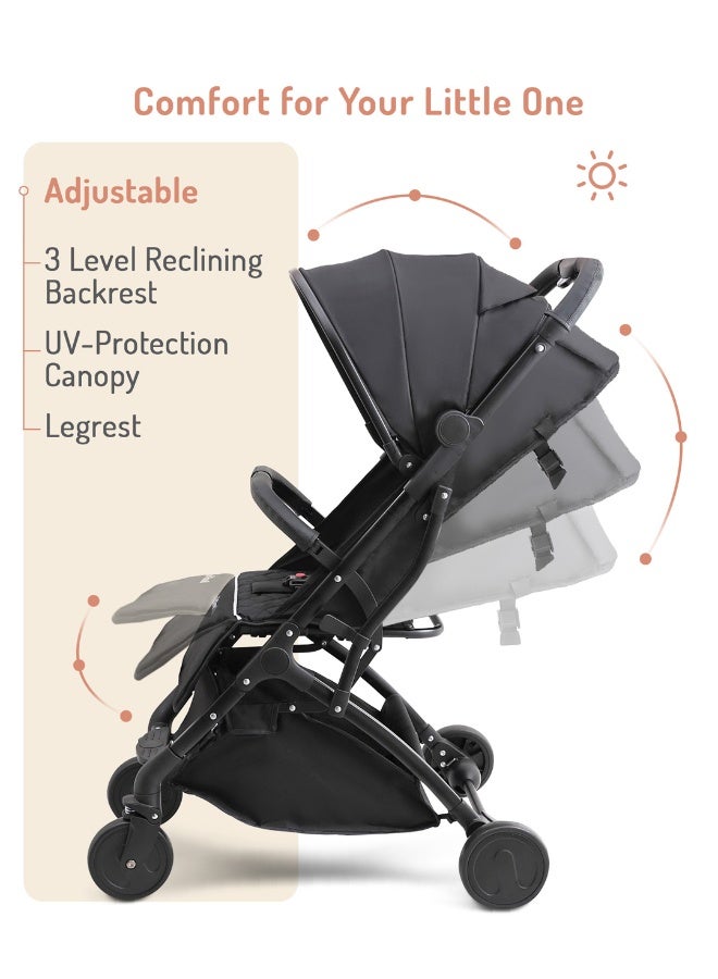Bonfino عربة أطفال بونفينو رانواي مع حزام أمان 5 نقاط، مظلة قابلة للتعديل وعجلات أمامية دوارة 360 درجة، من 0 إلى 3 سنوات، 66 × 48 × 98 سم - أسود - Image 4