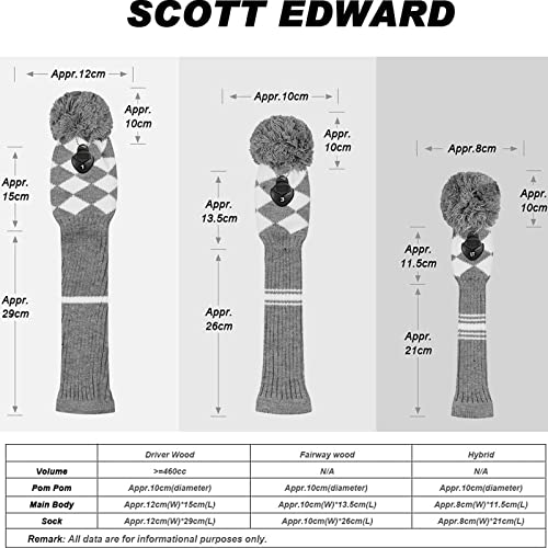 Scott Edward Golf Club Head Covers Set of 4 Grey White Argyles, Acrylic Yarn Double-Layers Knitted, with Rotatable Number Tags - Image 3