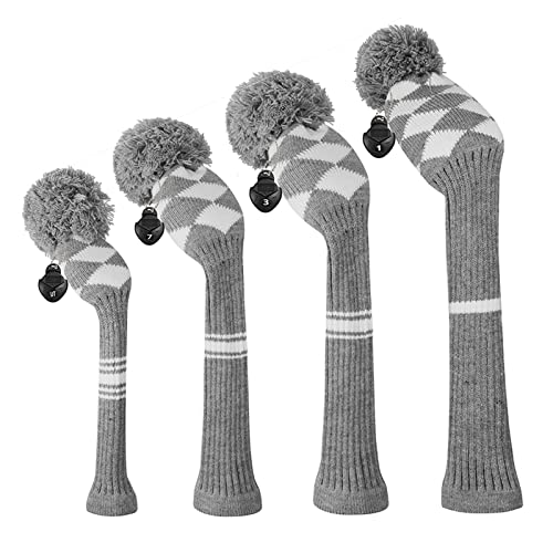 Scott Edward Golf Club Head Covers Set of 4 Grey White Argyles, Acrylic Yarn Double-Layers Knitted, with Rotatable Number Tags - Image 1