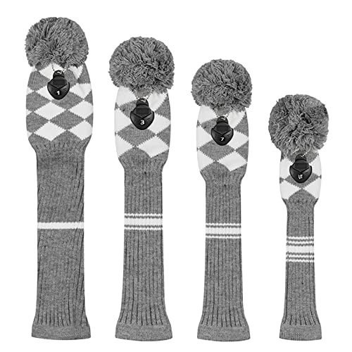 Scott Edward Golf Club Head Covers Set of 4 Grey White Argyles, Acrylic Yarn Double-Layers Knitted, with Rotatable Number Tags - Image 2