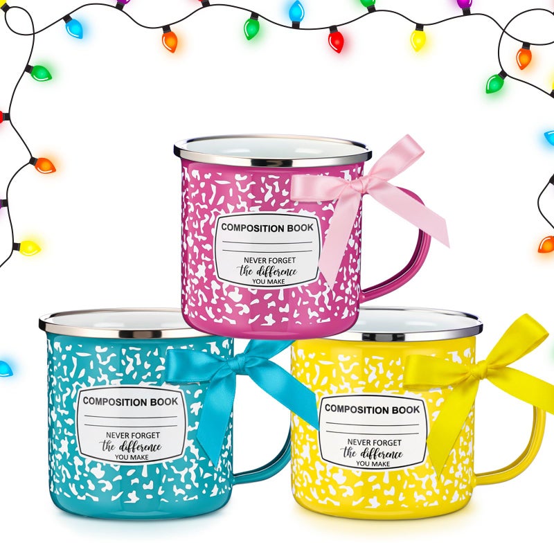 Potchen 3 Pcs Teacher Appreciation Gifts 12oz Composition Book Motivational Enamel Mugs Camping Metal Cups with Handle Thank You Gift for Teachers Coworkers Holiday Presents - Image 1