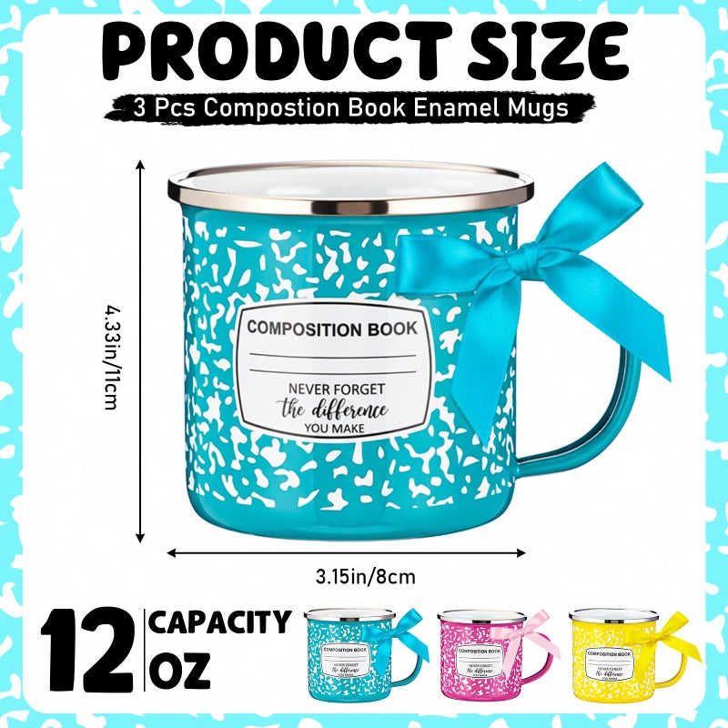 Potchen 3 Pcs Teacher Appreciation Gifts 12oz Composition Book Motivational Enamel Mugs Camping Metal Cups with Handle Thank You Gift for Teachers Coworkers Holiday Presents - Image 2