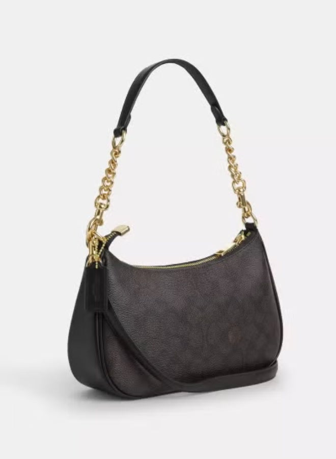 كوتش اوت ليت coachoutlet Teri توقيع حقيبة كتف واحدة على القماش ، حقيبة يد نسائية ، حقيبة Hobo نسائية ، حقيبة توت نسائية ، حقيبة سفر نسائية ، خشب الجوز الأسود 24cm - Image 1