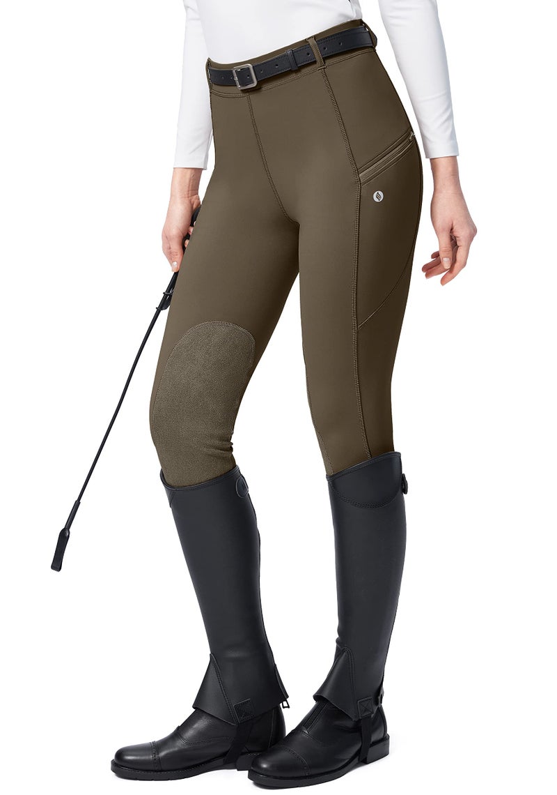 SANTINY Women's Horse Riding Pants with Zipper Pockets Knee-Patch Schooling Tights Equestrian Breeches for Women (Brown_M) - Image 1