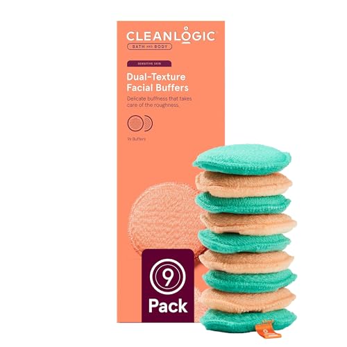 CleanLogic Bath & Body Exfoliating Dual-Texture Facial Pads, Face Sponges for Cleansing & Softening Sensitive Skin, MakeUp Remover Pads, Assorted Colors, 9 Count Value Pack - Image 1