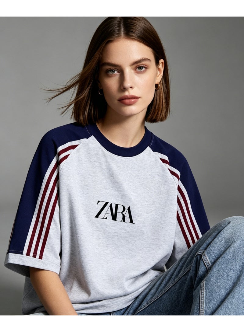 زارا ZARA contrast shoulder-thrust three-bar short-sleeved T-shirt for men and women loose retro sports letters couple half sleeve shirt - Image 5