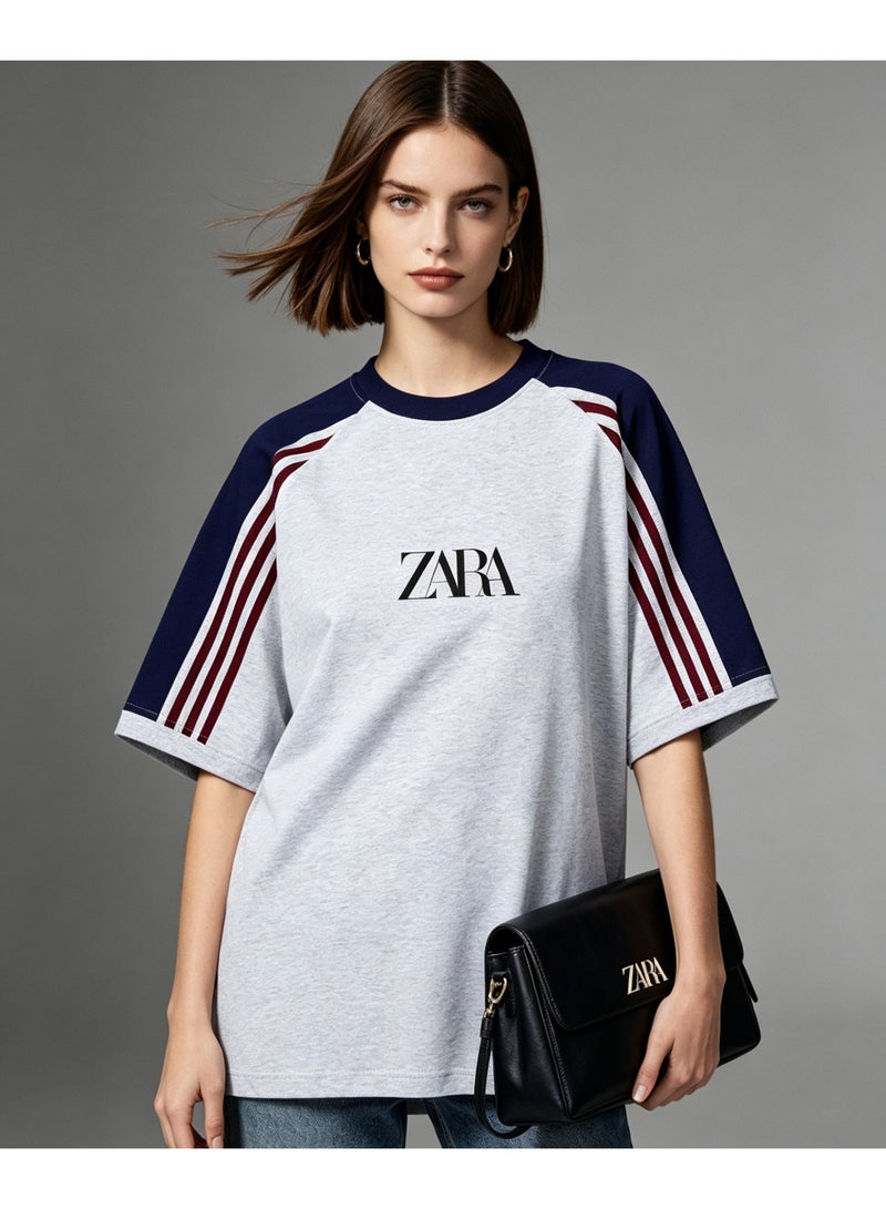 زارا ZARA contrast shoulder-thrust three-bar short-sleeved T-shirt for men and women loose retro sports letters couple half sleeve shirt - Image 2