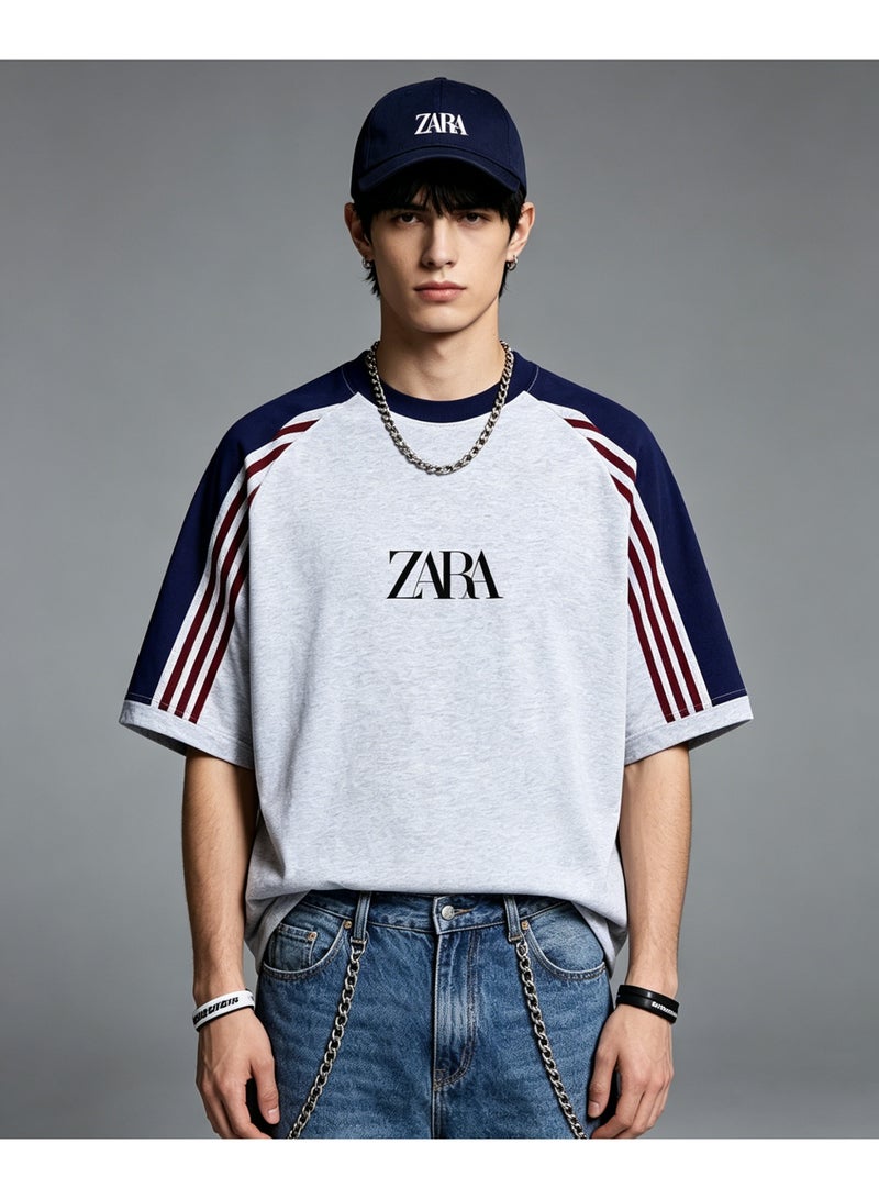 زارا ZARA contrast shoulder-thrust three-bar short-sleeved T-shirt for men and women loose retro sports letters couple half sleeve shirt - Image 1