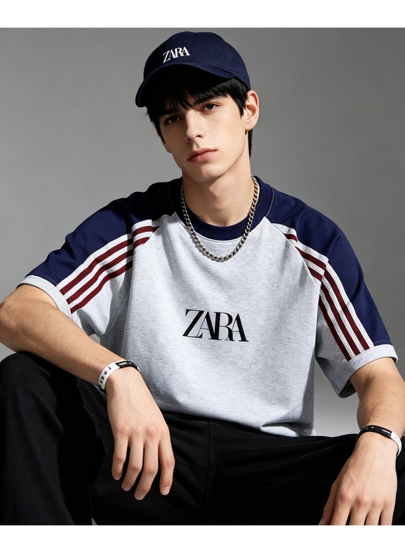 زارا ZARA contrast shoulder-thrust three-bar short-sleeved T-shirt for men and women loose retro sports letters couple half sleeve shirt - Image 4