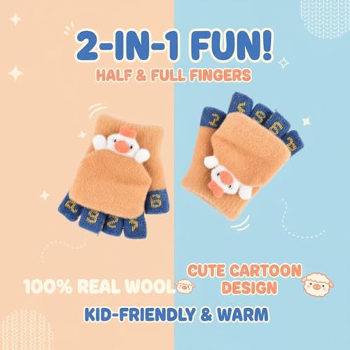 SOLDTRUE Half Finger Gloves Winter Warm Glove Christmas Fingerless Glove Thermal Fingerless Gloves Magic Warm Gloves Fashion Cute Soft Flip Top Gloves(Age 3-7 Years)(Pair of 1)(Brown) - Image 2