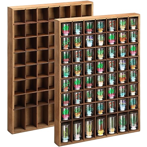Barydat Barydat Shot Glass Display Case Wood Shot Glass shelf holder 56 Compartments Wallmounted Rustic Bar CabinetBrown2 Pcs