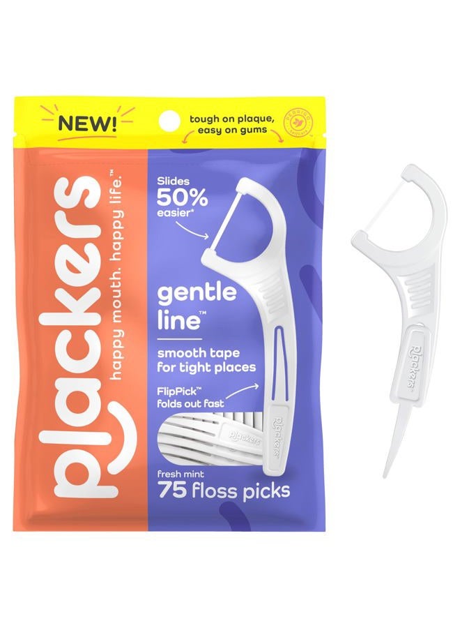Plackers Gentle Line Floss Picks, Fresh Mint Flavor, Fold-Out FlipPick, QuickFix Grip, Easy Storage with Sure-Zip Seal, 75 Count - Image 1