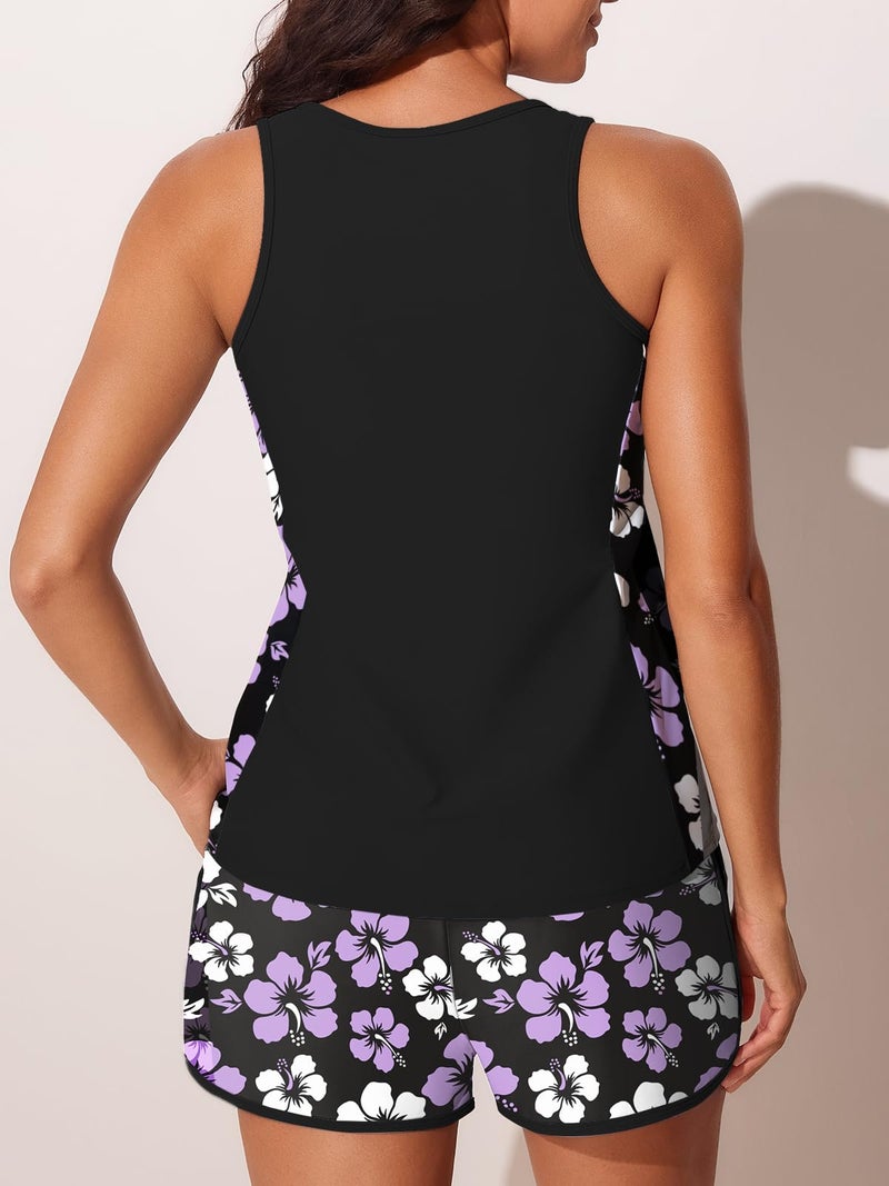 Summer Mae Blouson Tankini Swimsuits for Women 2026 Tummy Control Two Piece Bathing Suits with Sporty Pockets Swim Shorts Light Purple Floral Size 12 - Image 2