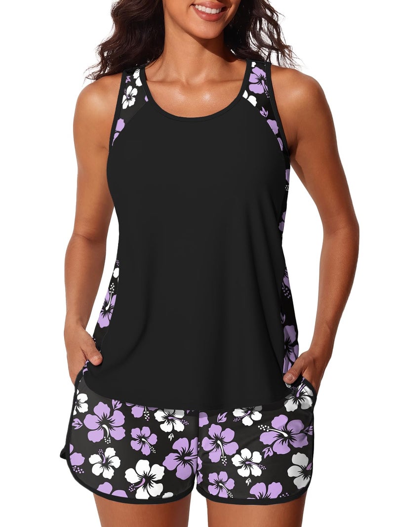 Summer Mae Blouson Tankini Swimsuits for Women 2026 Tummy Control Two Piece Bathing Suits with Sporty Pockets Swim Shorts Light Purple Floral Size 12 - Image 1