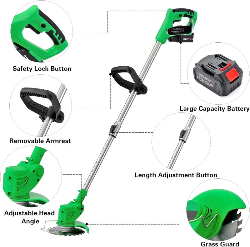 MAXMAN قاطع العشب الكهربائي اللاسلكي 52 بوصة مع 8 شفرات، 2 بطاريات، 1 شاحن، يستخدم للأعشاب الكثيفة وتقليم الحدائق - Image 4