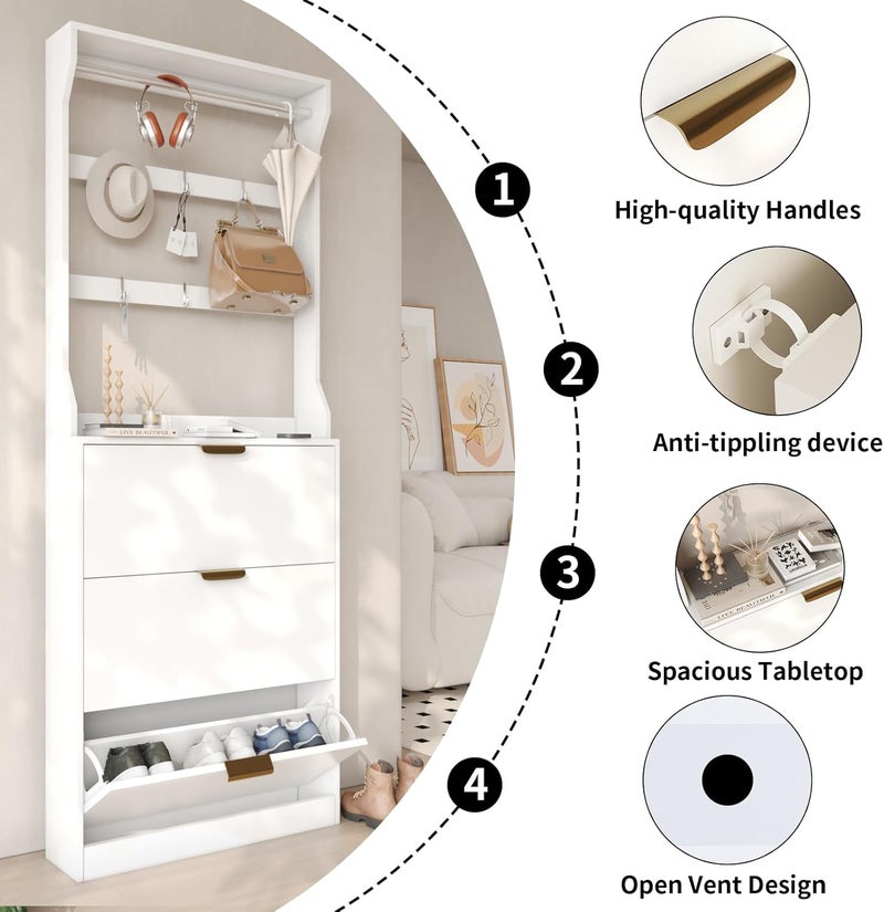 VOWNER Multifunctional Shoe Rack and Coat Rack, Coat Stand with Shoe Storage Cabinet, Shoe Cabinet with 3 Flip Drawers, Hall Tree Entryway Organizer with 6 Hooks & Hanging Bar - Image 5