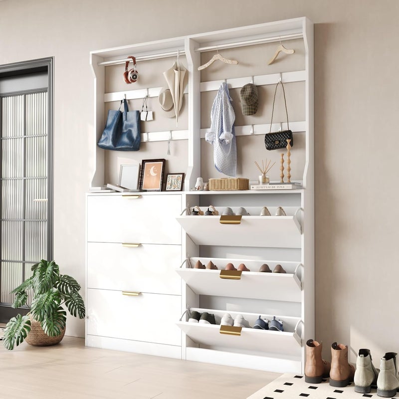 VOWNER Multifunctional Shoe Rack and Coat Rack, Coat Stand with Shoe Storage Cabinet, Shoe Cabinet with 3 Flip Drawers, Hall Tree Entryway Organizer with 6 Hooks & Hanging Bar - Image 3