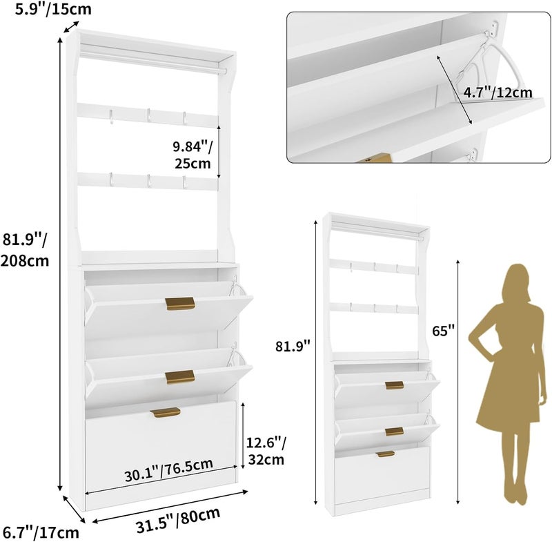 VOWNER Multifunctional Shoe Rack and Coat Rack, Coat Stand with Shoe Storage Cabinet, Shoe Cabinet with 3 Flip Drawers, Hall Tree Entryway Organizer with 6 Hooks & Hanging Bar - Image 2