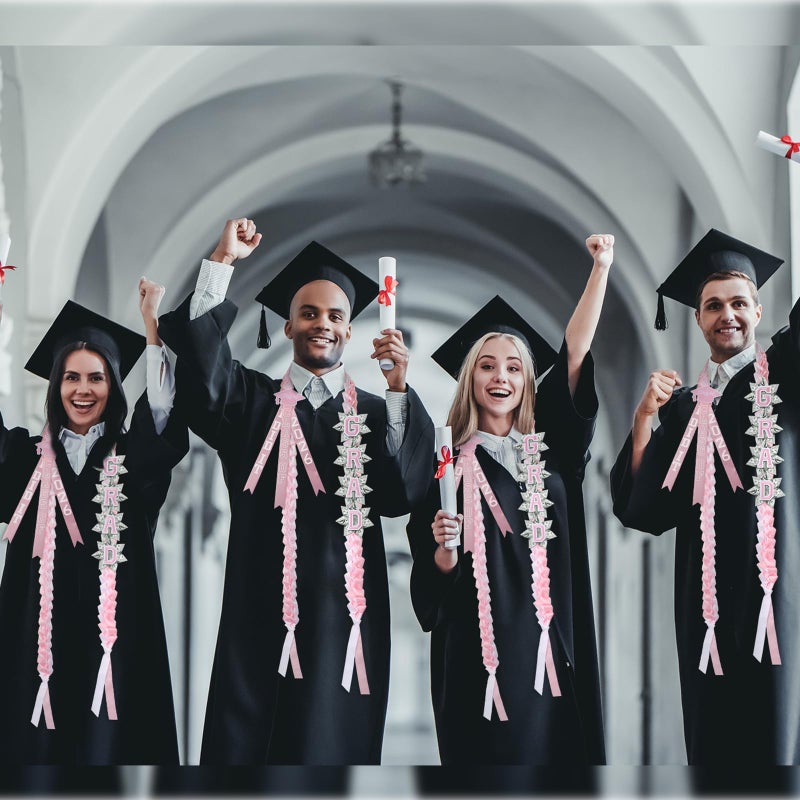 Knitgrip 63'' Graduation Ribbon Lei Necklace Class of 2026, Handmade Double Braided Money Lei with Tassel Graduation Gifts(Pink,White) - Image 4