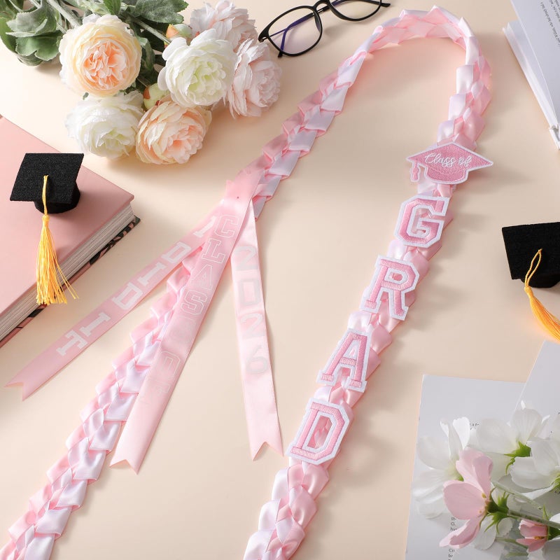 Knitgrip 63'' Graduation Ribbon Lei Necklace Class of 2026, Handmade Double Braided Money Lei with Tassel Graduation Gifts(Pink,White) - Image 3