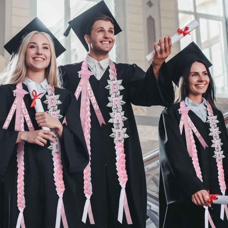 Knitgrip 63'' Graduation Ribbon Lei Necklace Class of 2026, Handmade Double Braided Money Lei with Tassel Graduation Gifts(Pink,White) - Image 5