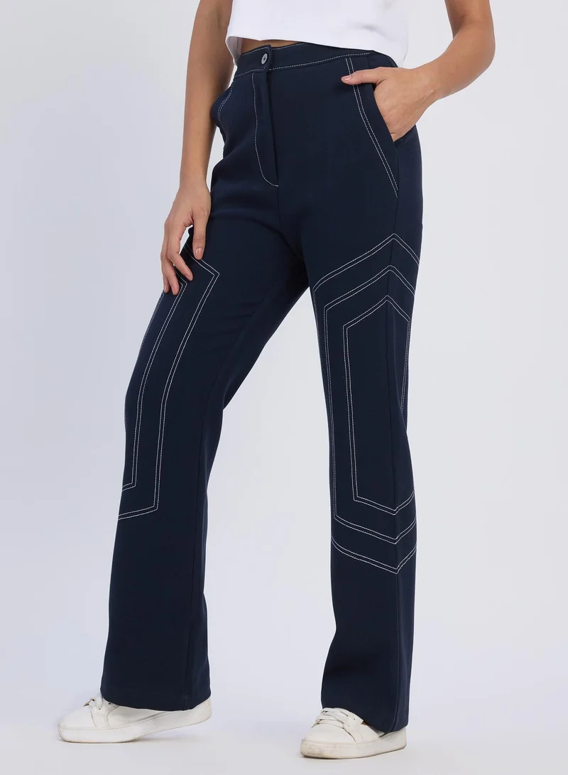بينيا كولادا Women's Prussian Blue Hexagonal Straight-Fit Trousers For Casual Wear | Mid-Rise | Straight Fit | Button Closure | Trousers Designed With Comfortable Fit For Woman & Girls