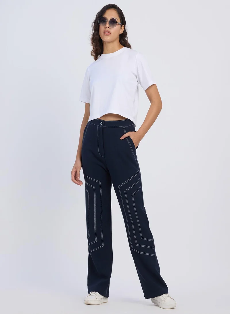 بينيا كولادا Women's Prussian Blue Hexagonal Straight-Fit Trousers For Casual Wear | Mid-Rise | Straight Fit | Button Closure | Trousers Designed With Comfortable Fit For Woman & Girls