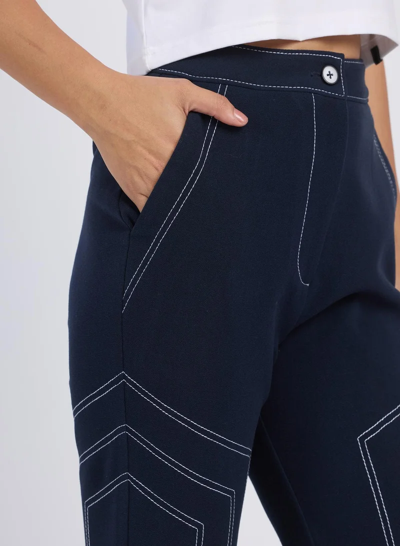 بينيا كولادا Women's Prussian Blue Hexagonal Straight-Fit Trousers For Casual Wear | Mid-Rise | Straight Fit | Button Closure | Trousers Designed With Comfortable Fit For Woman & Girls