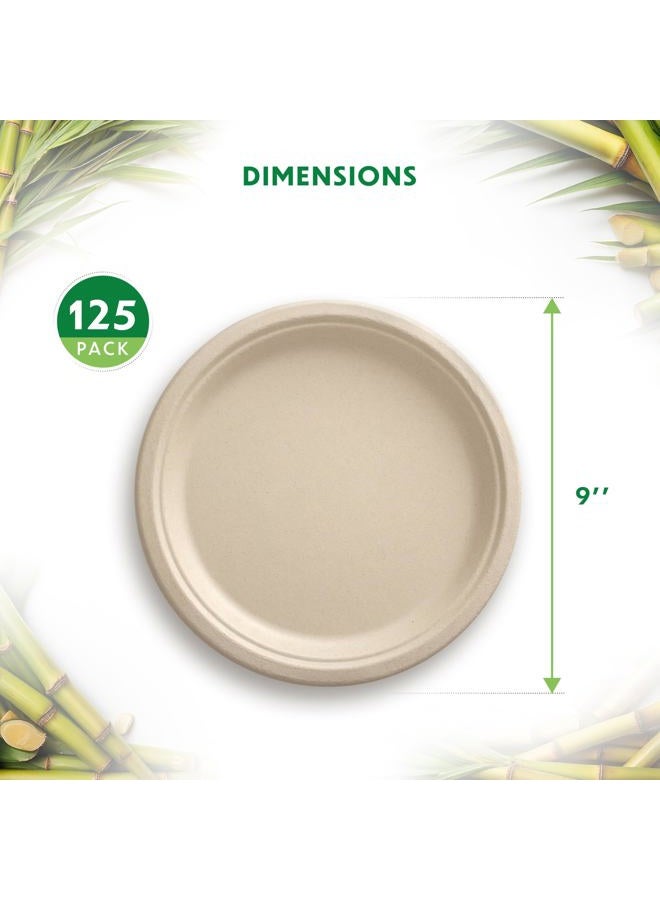 Alitte Compostable Plates, Disposable Heavy Duty Paper Plate - 125 Pack, Unbleached, 9 Inch Biodegradable, Brown | Natural Sugarcane Bagasse, Everyday Plates for Dinner, Party, Eco-Friendly - Image 3