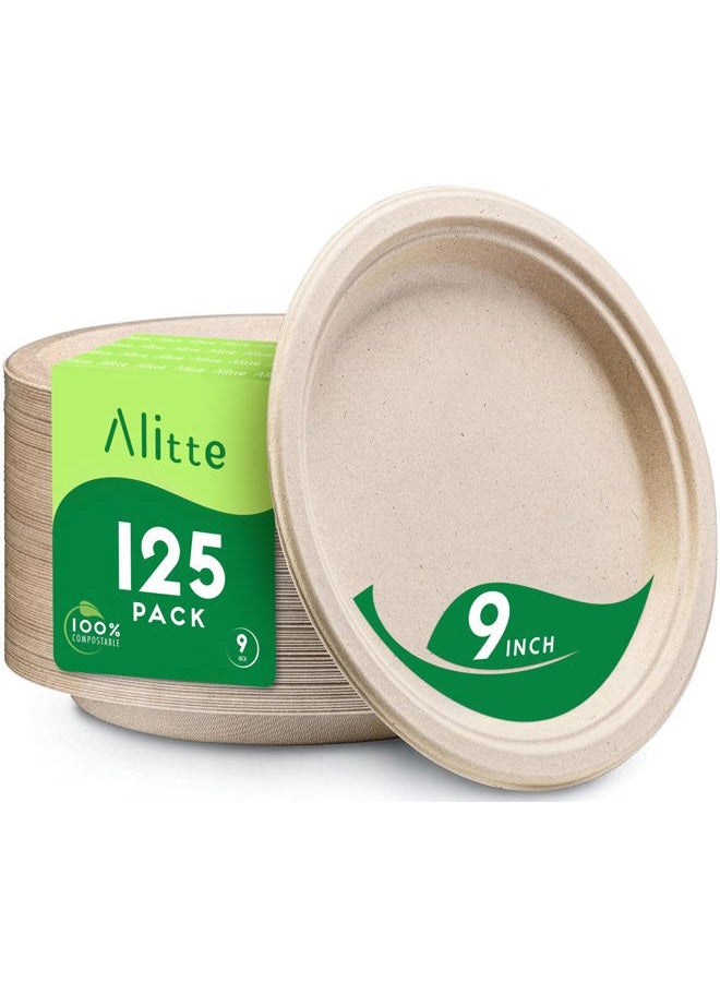 Alitte Compostable Plates, Disposable Heavy Duty Paper Plate - 125 Pack, Unbleached, 9 Inch Biodegradable, Brown | Natural Sugarcane Bagasse, Everyday Plates for Dinner, Party, Eco-Friendly - Image 1