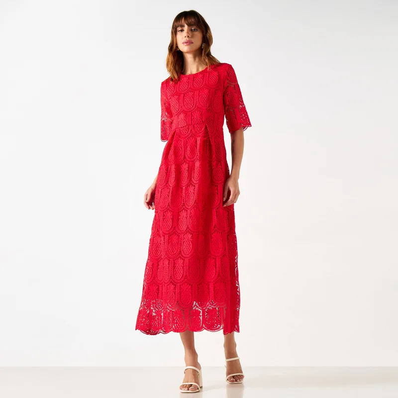 2Xtremz 2Xtremz Pineapple Lace Textured A-line Midi Dress