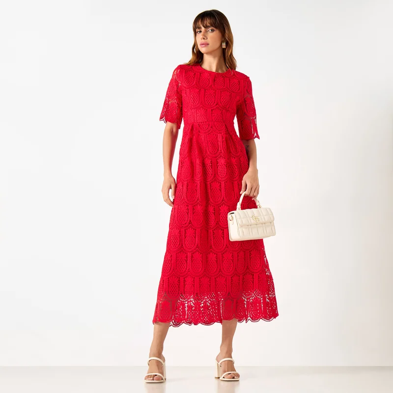 2Xtremz 2Xtremz Pineapple Lace Textured A-line Midi Dress