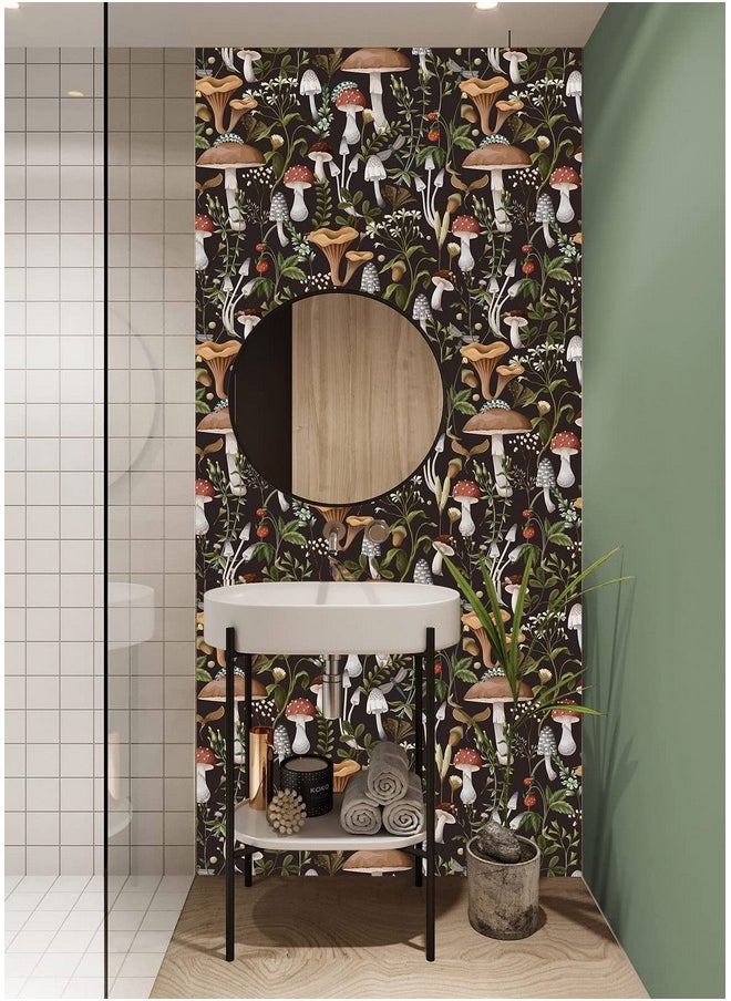 HAOKHOME 93279 Peel And Stick Wallpaper Boho Mushroom Removable Stick On Forest Contact Paper For Bathroom Black/Brown/Green 17.7In X 9.8Ft  - Image 4