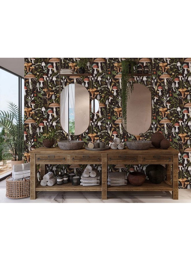HAOKHOME 93279 Peel And Stick Wallpaper Boho Mushroom Removable Stick On Forest Contact Paper For Bathroom Black/Brown/Green 17.7In X 9.8Ft  - Image 3