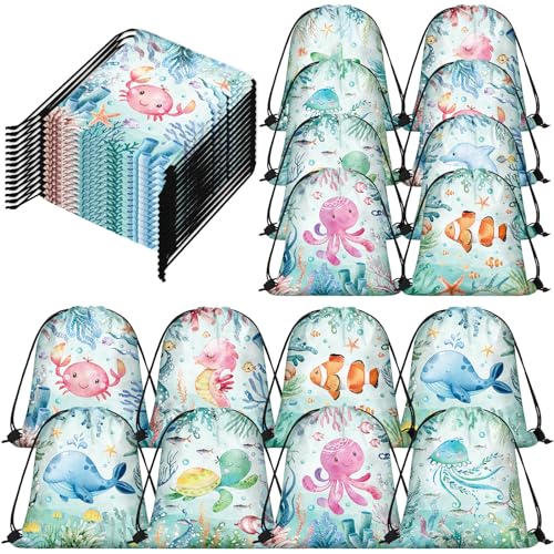 Sanwuta 18 Pcs Under the Sea Party Favor Bags Goodie Ocean Gift Drawstring Bags Beach Sea Animal Candy Treat Drawstring Backpack for Summer Birthday Party Decor Baby Shower Supplies (Modern Style) - Image 1