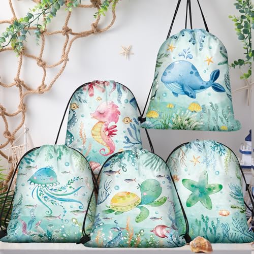 Sanwuta 18 Pcs Under the Sea Party Favor Bags Goodie Ocean Gift Drawstring Bags Beach Sea Animal Candy Treat Drawstring Backpack for Summer Birthday Party Decor Baby Shower Supplies (Modern Style) - Image 5