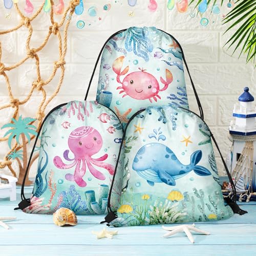 Sanwuta 18 Pcs Under the Sea Party Favor Bags Goodie Ocean Gift Drawstring Bags Beach Sea Animal Candy Treat Drawstring Backpack for Summer Birthday Party Decor Baby Shower Supplies (Modern Style) - Image 2