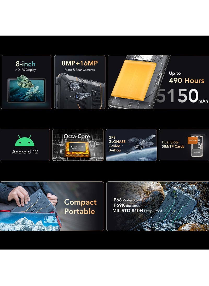 Oukitel - Rugged Tablet 8-Inch HD Screen Android 12 Waterproof and Dustproof 4+64GB Dual SIM 4G Network 16MP+8MP Camera 5150mAh Battery GPS/CNSS/GLONASS/GALILEO - Image 1