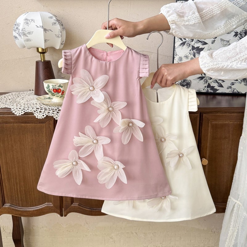 77321 2025 Korean Style Girls Flower Pleated Flying Sleeve Long Dress Girl Elegant Beautiful Dress - Image 2