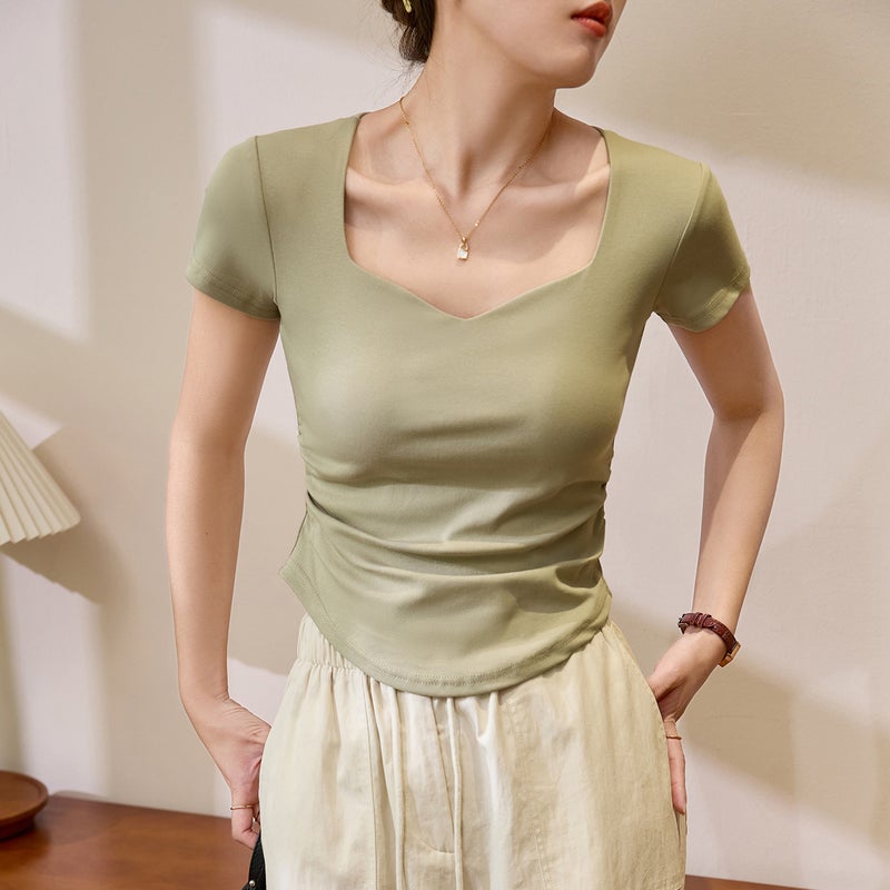 # Combed Cotton# Peach Heart Square Neck Short-Sleeved T-Shirt Women'S 2025 Pleated Slim Shoulder Top Base Shirt - Image 1