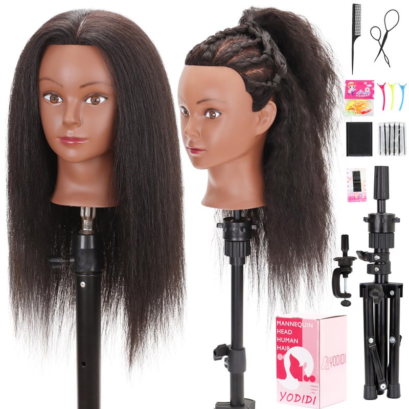 YODIDI Mannequin Head with 100 Human Hair Manikin Head Human Hair Cosmetology Doll Head for Hair Styling Hairdresser Practice Braiding with Table Clamp Stand and Tools 16 inch tripod - Image 2