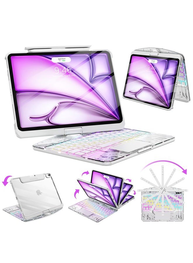 SIBEITU حافظة لوحة مفاتيح لاسلكية شفافة لـ iPad Air 13 بوصة (M3 2025/M2 2024) و iPad Pro 12.9 بوصة الجيل السادس والخامس والرابع والثالث مع حامل قلم، لوحة تتبع متعددة اللمس وإضاءة خلفية بـ 7 ألوان، دوران 360°، أبيض - Image 1