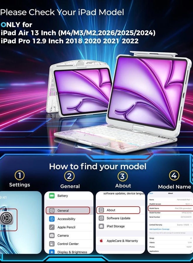 SIBEITU حافظة لوحة مفاتيح لاسلكية شفافة لـ iPad Air 13 بوصة (M3 2025/M2 2024) و iPad Pro 12.9 بوصة الجيل السادس والخامس والرابع والثالث مع حامل قلم، لوحة تتبع متعددة اللمس وإضاءة خلفية بـ 7 ألوان، دوران 360°، أبيض - Image 2